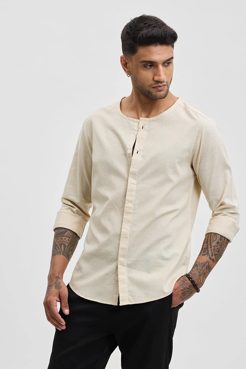 سنيتش Beige Solid Long Sleeve Slim Fit Casual Shirt
