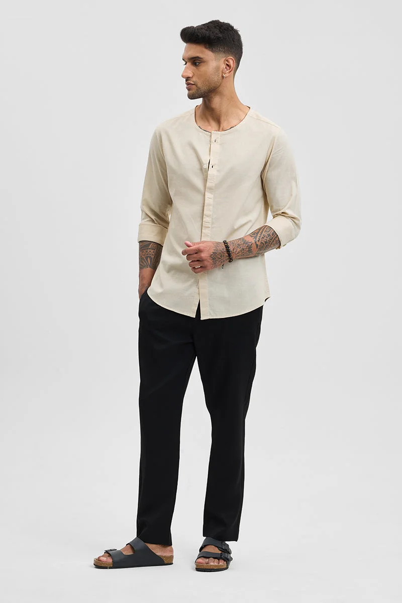 سنيتش Beige Solid Long Sleeve Slim Fit Casual Shirt