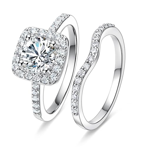 MDFUN 18K White Gold Plated Cubic Zirconia Two-In-One Halo Wedding Engagement Promise Eternity Ring for Women Size 5 - Image 1