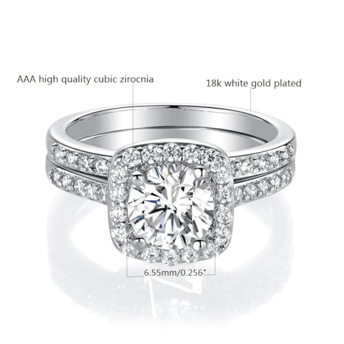 MDFUN 18K White Gold Plated Cubic Zirconia Two-In-One Halo Wedding Engagement Promise Eternity Ring for Women Size 5 - Image 3