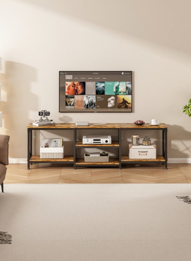 هارلان 180*40*60 سم، حامل تلفزيون حتى 75 بوصة، طاولة تلفزيون مع ، لون بني ريفي.أرفف تخزين خشبية، مركز ترفيهي عصري وطاولة وحدة تحكم تلفزيونية صناعية لغرفة المعيشة المنزلية - Image 2