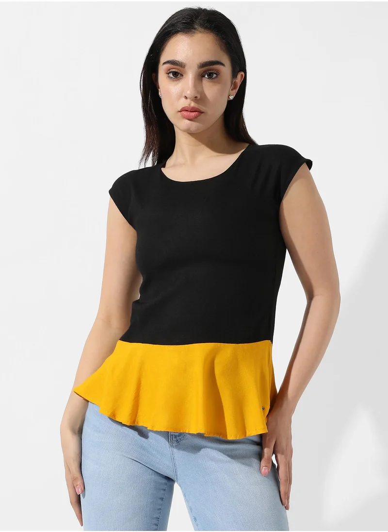 Campus Sutra Women's Colourblocked Crew Neck Peplum Top