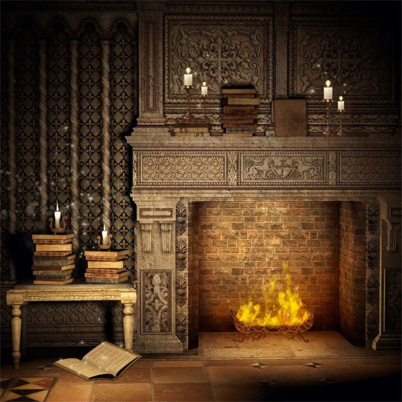 Laeacco Fantasy Room Interior Backdrop 8x8ft Vinyl Photography Background Flame and Fireplace Magical Books Candle Retro House Background - Image 1