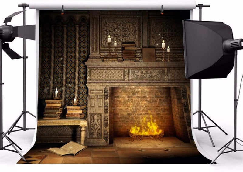 Laeacco Fantasy Room Interior Backdrop 8x8ft Vinyl Photography Background Flame and Fireplace Magical Books Candle Retro House Background - Image 2