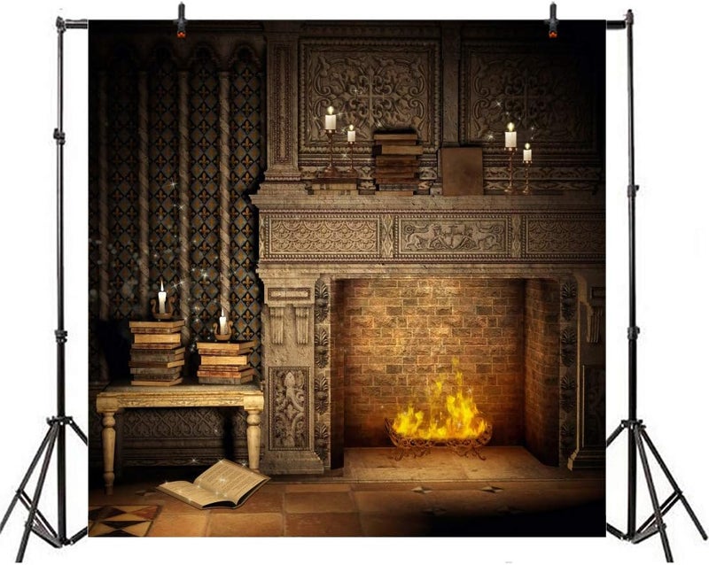 Laeacco Fantasy Room Interior Backdrop 8x8ft Vinyl Photography Background Flame and Fireplace Magical Books Candle Retro House Background - Image 4