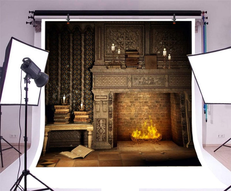 Laeacco Fantasy Room Interior Backdrop 8x8ft Vinyl Photography Background Flame and Fireplace Magical Books Candle Retro House Background - Image 3
