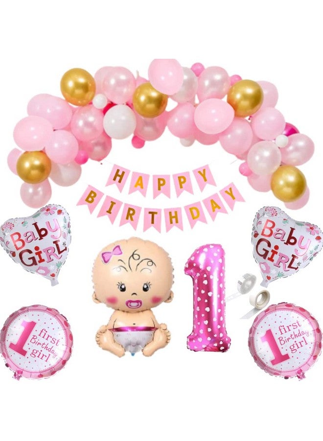 FI - FLICK IN FI - FLICK IN 49 pcs 1st Birthday Decoration for Girls Metallic Balloon Garland Kit Number 1 Foil First Birthday Decorations Girl Foil Balloons 1 Year Bday (Pack of 49, Pink)  - Image 1