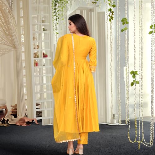 ANNI Designer Women's Rayon Viscose Anarkali Solid Kurta with Pant & Dupatta (SITAPATI YELLOW-VKS03_L_Yellow_Large) - Image 2