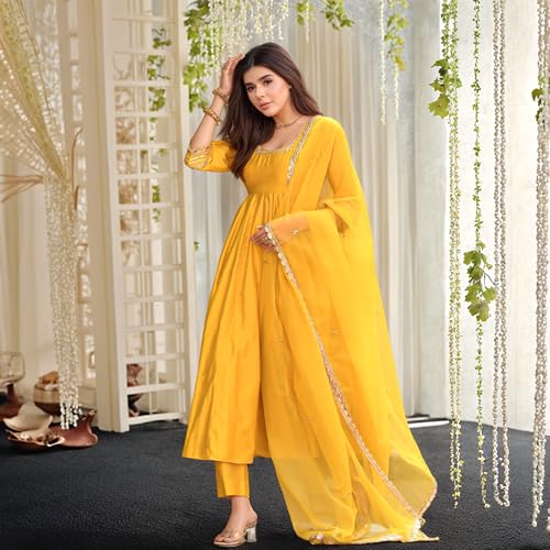 ANNI Designer Women's Rayon Viscose Anarkali Solid Kurta with Pant & Dupatta (SITAPATI YELLOW-VKS03_L_Yellow_Large) - Image 4