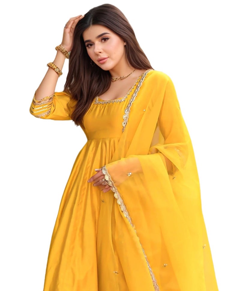ANNI Designer Women's Rayon Viscose Anarkali Solid Kurta with Pant & Dupatta (SITAPATI YELLOW-VKS03_L_Yellow_Large) - Image 1