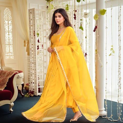 ANNI Designer Women's Rayon Viscose Anarkali Solid Kurta with Pant & Dupatta (SITAPATI YELLOW-VKS03_L_Yellow_Large) - Image 3