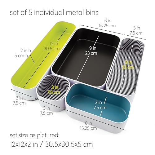 Three by Three Seattle 5 Piece Metal Organizer Tray Set for Storing Makeup, Stationery, Utensils, and More in Office Desk, Kitchen and Bathroom Drawers (2 Inch, Assorted Colors, Stripes) - Image 2