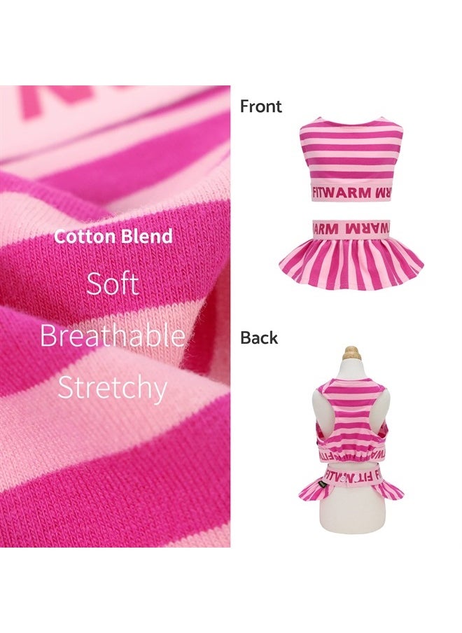 Fitwarm 2 Piece Summer Dog Clothes with Crop Top and Skirt, Striped Dog Dress for Small Dogs Girl, Pet Cat Outfit, Pink, Large  - Image 5