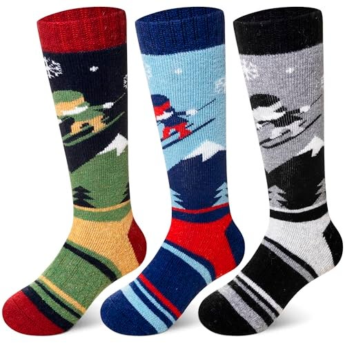 SeeyAN Kids Ski Socks Merino Wool Thermal Winter Socks Boys Girls Warm SnowBoarding Thick Skiing Socks 3 Pairs (Black/Blue/Green, 8-12 Years) - Image 1