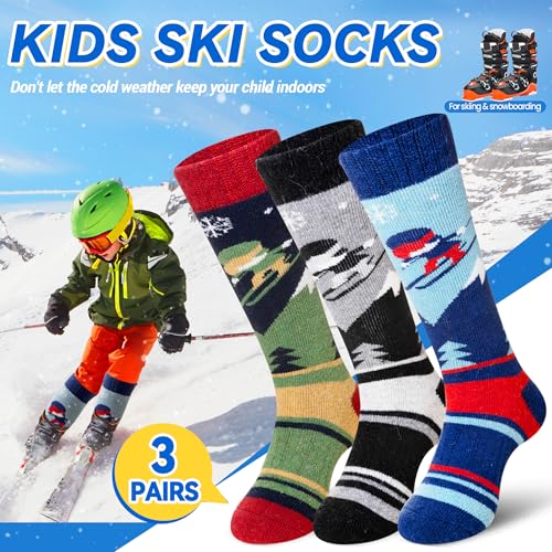SeeyAN Kids Ski Socks Merino Wool Thermal Winter Socks Boys Girls Warm SnowBoarding Thick Skiing Socks 3 Pairs (Black/Blue/Green, 8-12 Years) - Image 4