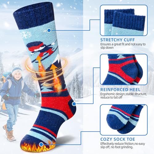 SeeyAN Kids Ski Socks Merino Wool Thermal Winter Socks Boys Girls Warm SnowBoarding Thick Skiing Socks 3 Pairs (Black/Blue/Green, 8-12 Years) - Image 5