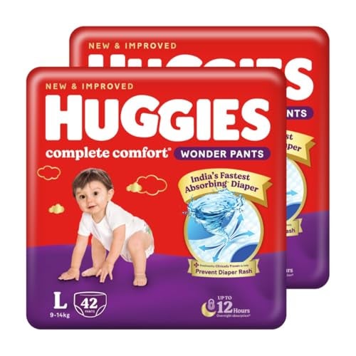 Huggies Complete Comfort Wonder Pants | Pant Style Baby Diapers Large Size (L), 84 Count | India's Fastest Absorbing Diaper, Prevents Diaper Rash, Ideal for 9 to 14 Kgs (42 Count, Pack of 2) - Image 1