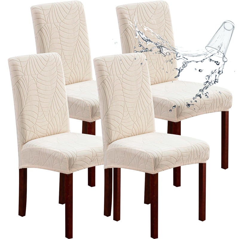 Genina Waterproof Set of 4 Dining Chair Covers Dining Room Protectors Cover for Kitchen LeavesBeige 4 PCS