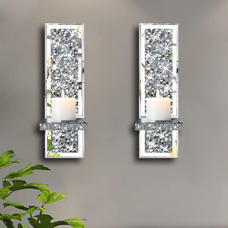 ZOLAPI Set of 2 Crystal Crush Diamond Candle Sconces Gorgeous Silver Mirrored Wall Sconce Candle Holder Glass Wall Decorations for Home Dcor Living Room Dining Room - Image 2