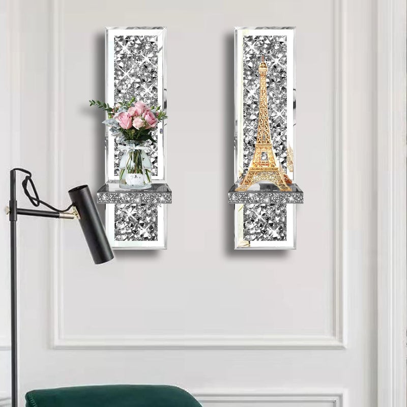 ZOLAPI Set of 2 Crystal Crush Diamond Candle Sconces Gorgeous Silver Mirrored Wall Sconce Candle Holder Glass Wall Decorations for Home Dcor Living Room Dining Room - Image 5
