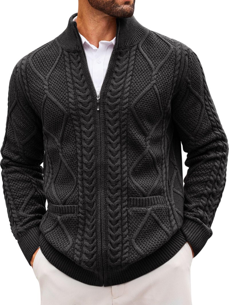Runcati Mens Full Zip Cardigan Sweater Casual Cable Knitted Mock Neck Ribbed Winter Sweaters Black - Image 1