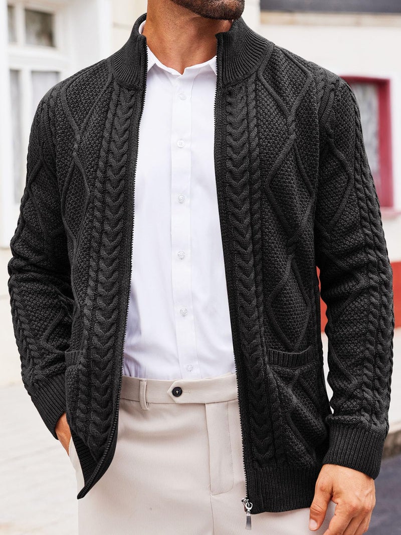 Runcati Mens Full Zip Cardigan Sweater Casual Cable Knitted Mock Neck Ribbed Winter Sweaters Black - Image 3