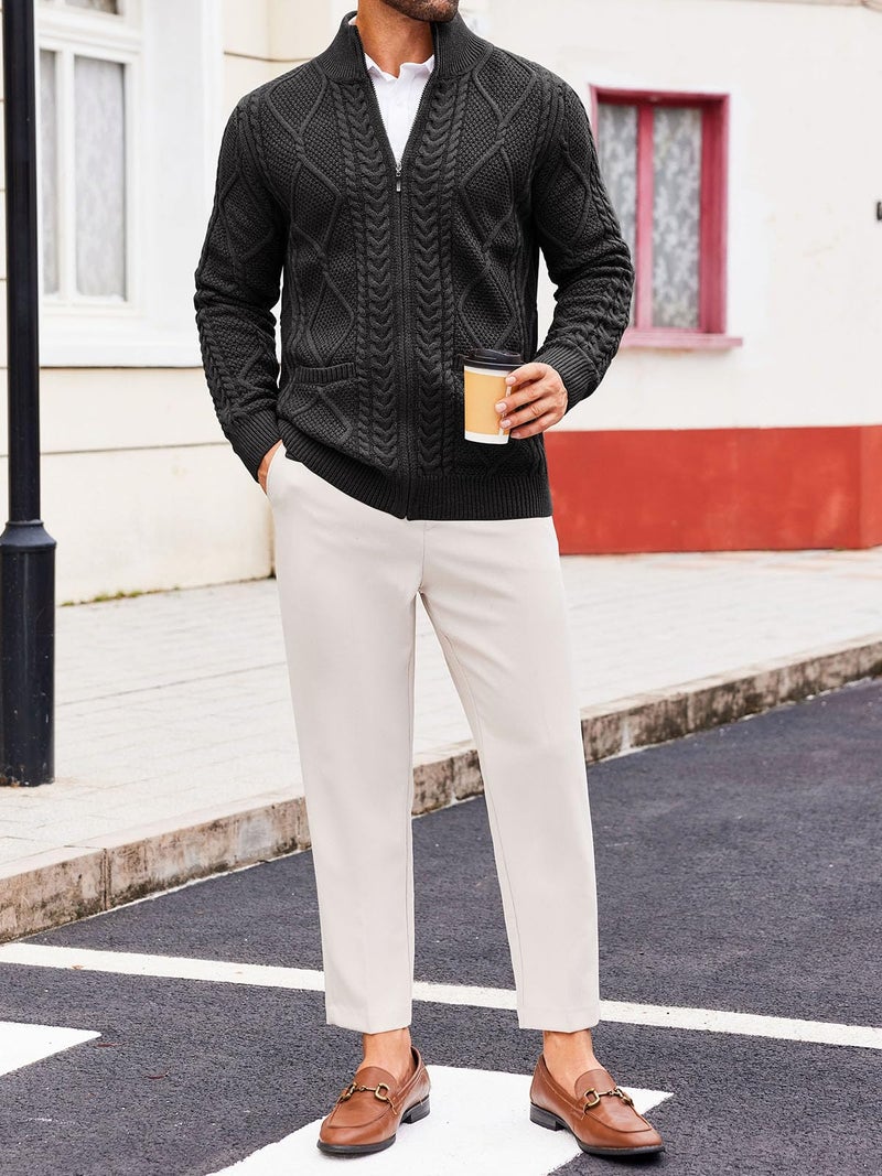 Runcati Mens Full Zip Cardigan Sweater Casual Cable Knitted Mock Neck Ribbed Winter Sweaters Black - Image 4