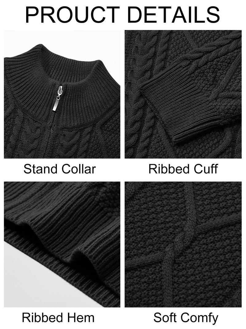 Runcati Mens Full Zip Cardigan Sweater Casual Cable Knitted Mock Neck Ribbed Winter Sweaters Black - Image 5