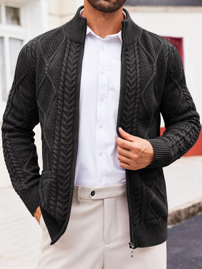 Runcati Mens Full Zip Cardigan Sweater Casual Cable Knitted Mock Neck Ribbed Winter Sweaters Black - Image 2