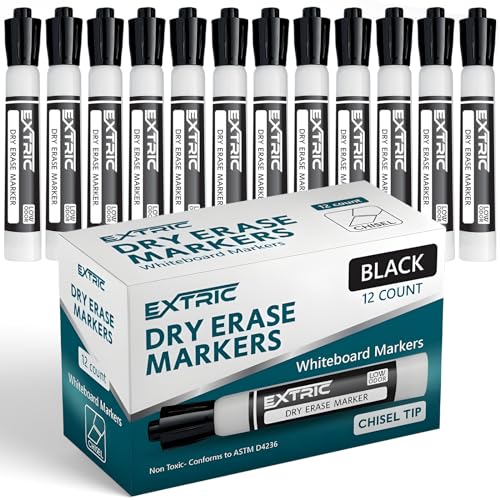 EXTRIC Black Dry Erase Markers, 12 Count Whiteboard Markers Chisel Tip, White Board Marker Dry Erase, Low Odor Chisel Tip Erasable Markers - Image 1