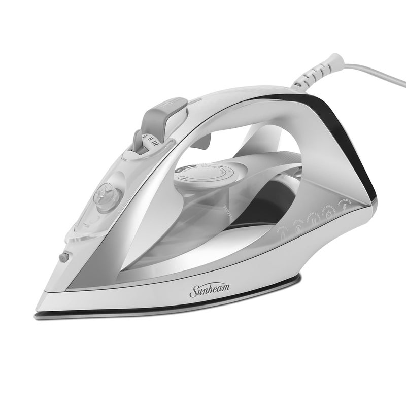 Sunbeam Turbo Steam Iron, 1700 Watt, Nonstick Ceramic Soleplate, Horizontal or Vertical Shot of Steam, Quick Heating, 3-Way Auto-Off, White and Chrome,9.3"L x 3.7"W - Image 1