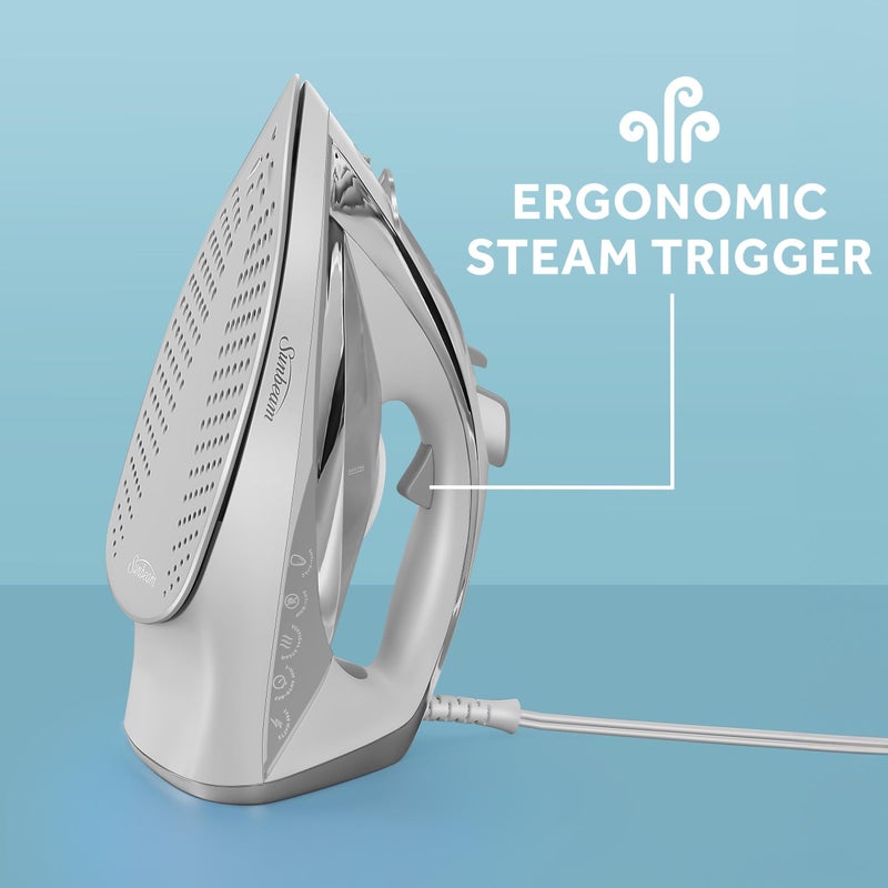 Sunbeam Turbo Steam Iron, 1700 Watt, Nonstick Ceramic Soleplate, Horizontal or Vertical Shot of Steam, Quick Heating, 3-Way Auto-Off, White and Chrome,9.3"L x 3.7"W - Image 3