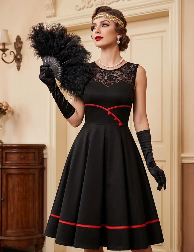 Bbonlinedress Women Plus Size Black Cocktail Dress 1950s Wedding Guest A-Line Swing Midi Outfits,Black 2XL - Image 2