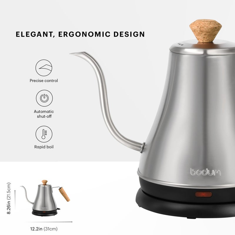 Bodum 27oz Melior Gooseneck Electric Water Kettle, Pour Over Coffee & Tea, Brushed Stainless Steel - Image 3