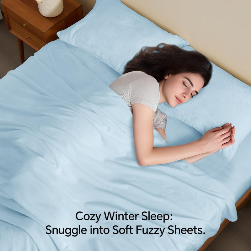 BEDELITE Flannel Sheets Queen Size Blue - Super Soft Fleece Sheets Set Fluffy Extra Plush, 4 Piece(Include Fitted Sheet, Flat Sheet, 2 Pillowcases) - Image 3