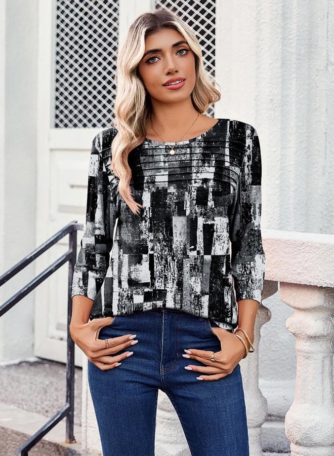 zeagoo Womens Tops 3/4 Length Sleeve Blouses Dressy Casual Shirt Pleated Front Tunic Floral Printed Spring Clothes, Printed Black White 332, L - Image 2