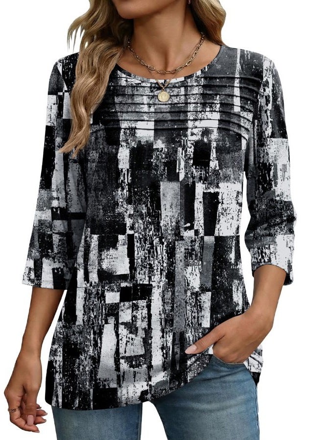 zeagoo Womens Tops 3/4 Length Sleeve Blouses Dressy Casual Shirt Pleated Front Tunic Floral Printed Spring Clothes, Printed Black White 332, L - Image 1