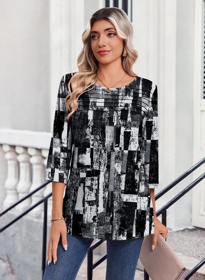 zeagoo Womens Tops 3/4 Length Sleeve Blouses Dressy Casual Shirt Pleated Front Tunic Floral Printed Spring Clothes, Printed Black White 332, L - Image 3