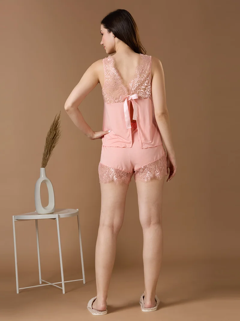 AMMARZO AMMARZO Women's peach Lace Trim Cami & Shorts Sleepwear Set – Soft Comfortable Nightwear Pajama Set for Women, Lightweight Breathable Summer Sleepwear, Stylish Lace Camisole Top with Elastic Waist Shorts Loungewear