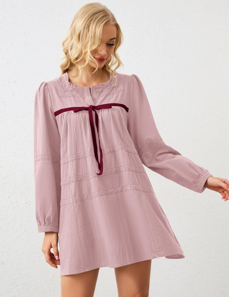 MISSACTIVER Women Long Puff Sleeve Flowy Mini Dress Cute Bow Tie Front Babydoll Dress Trendy Embroidered A-line Tunic Dresses Light Pink - Image 2