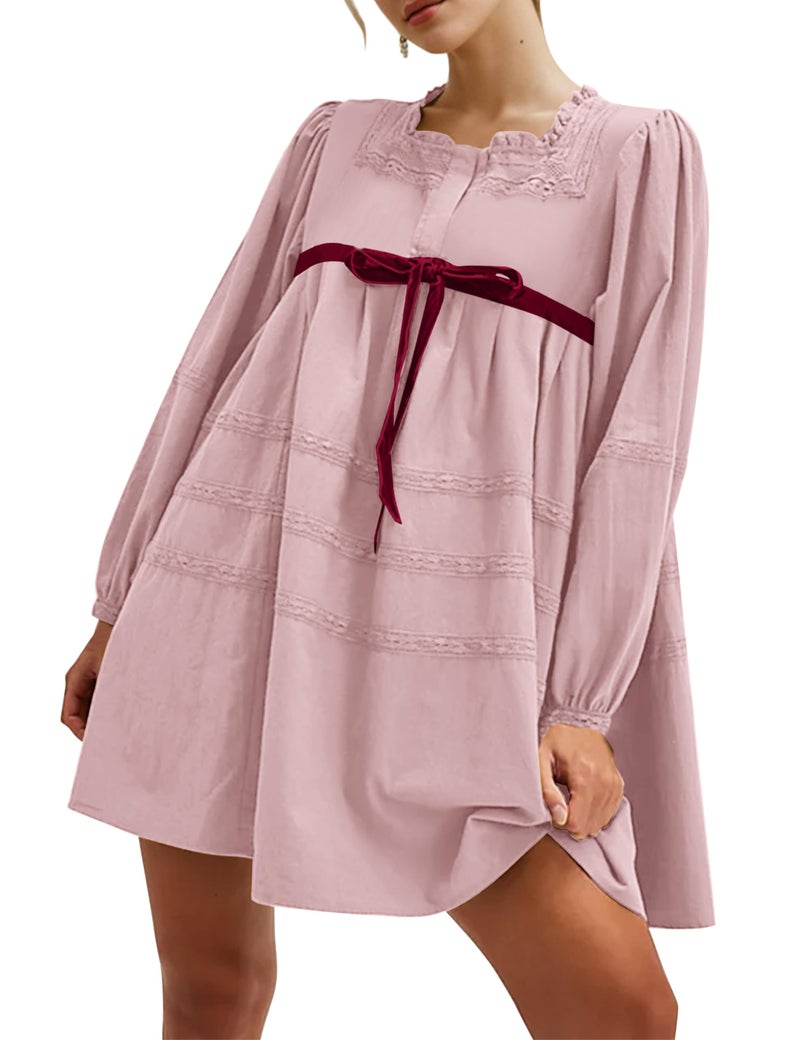 MISSACTIVER Women Long Puff Sleeve Flowy Mini Dress Cute Bow Tie Front Babydoll Dress Trendy Embroidered A-line Tunic Dresses Light Pink - Image 1