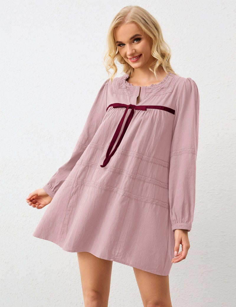 MISSACTIVER Women Long Puff Sleeve Flowy Mini Dress Cute Bow Tie Front Babydoll Dress Trendy Embroidered A-line Tunic Dresses Light Pink - Image 4