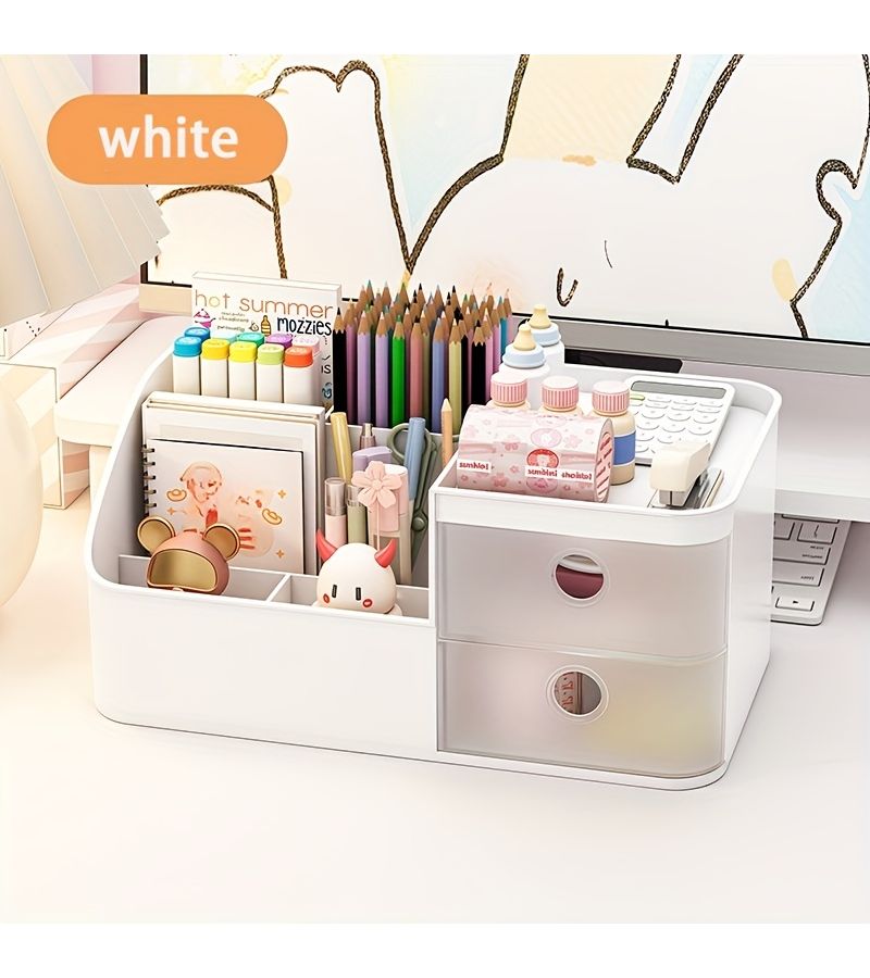Large Multi-Compartment Desktop Storage Box With Dividers And Drawers White Multi-Functional Stationery Pen Holder Office Supplies Organizer For Notebooks And Pencils On Bedroom Desk Or Drawer - Image 5