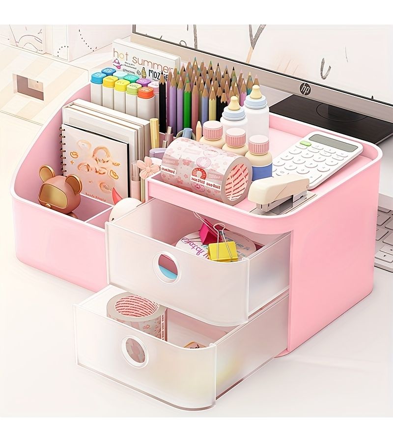 Large Multi-Compartment Desktop Storage Box With Dividers And Drawers White Multi-Functional Stationery Pen Holder Office Supplies Organizer For Notebooks And Pencils On Bedroom Desk Or Drawer - Image 4