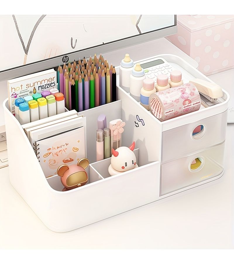 Large Multi-Compartment Desktop Storage Box With Dividers And Drawers White Multi-Functional Stationery Pen Holder Office Supplies Organizer For Notebooks And Pencils On Bedroom Desk Or Drawer - Image 2