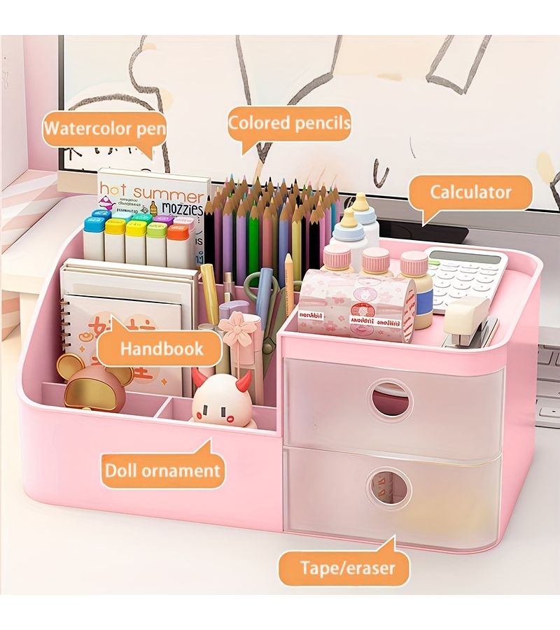Large Multi-Compartment Desktop Storage Box With Dividers And Drawers White Multi-Functional Stationery Pen Holder Office Supplies Organizer For Notebooks And Pencils On Bedroom Desk Or Drawer - Image 1