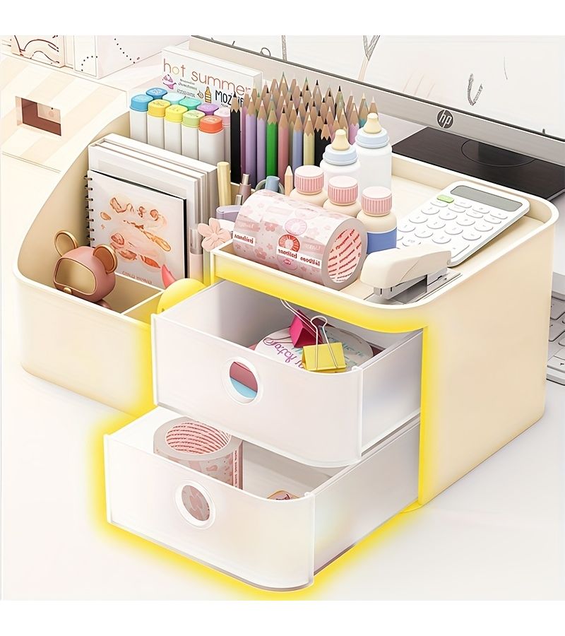 Large Multi-Compartment Desktop Storage Box With Dividers And Drawers White Multi-Functional Stationery Pen Holder Office Supplies Organizer For Notebooks And Pencils On Bedroom Desk Or Drawer - Image 3