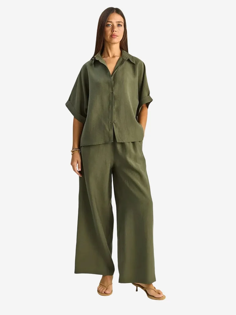 Bianco Lucci LUCCI High Waist Wide Leg Two-Piece Co-ord Set with Shirt Collar
