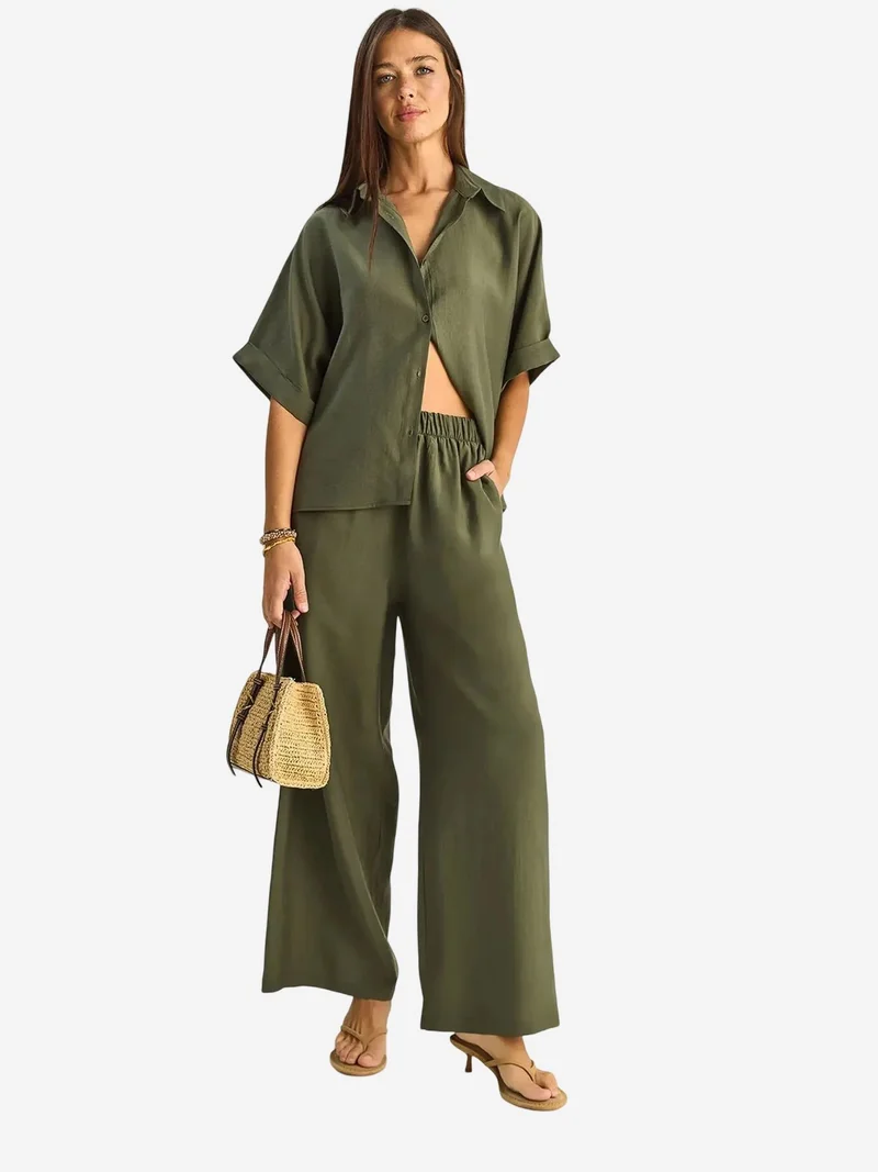 Bianco Lucci LUCCI High Waist Wide Leg Two-Piece Co-ord Set with Shirt Collar