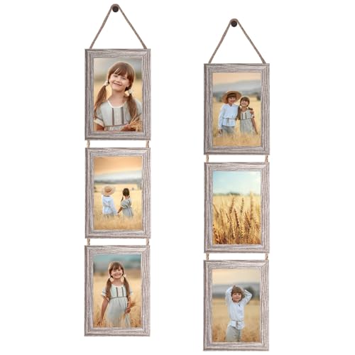 QUTREY 4x6 Collage Picture Frames 6 Openings Vertical Hanging Photo Frame Set of 2 4 by 6 inch Multi Picture Frames for Wall Decor Rustic Grain - Image 1